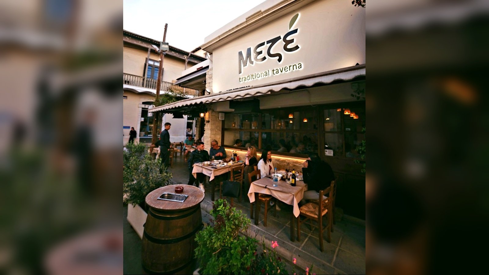 Outdoor seating area at Meze Taverna in Limassol, Cyprus, a traditional tavern known for authentic Cypriot meze, generous portions and local hospitality.