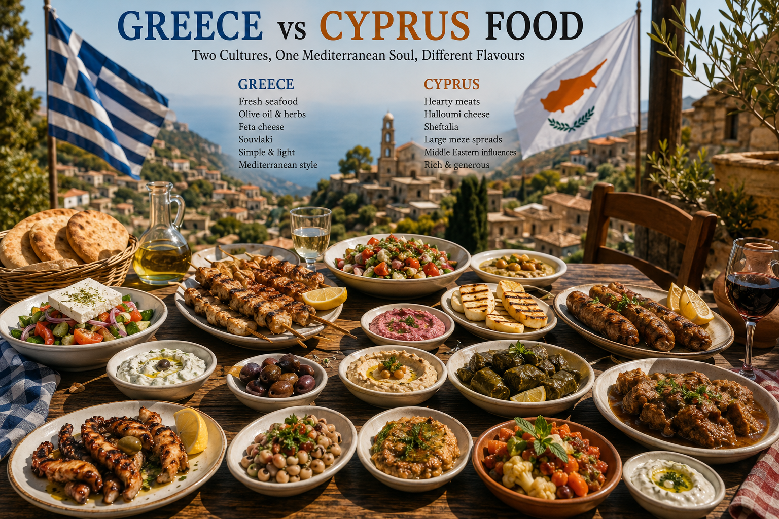 Traditional Cypriot and Greek meze dishes served on a rustic tavern table, showcasing the differences between Greek and Cypriot cuisine.
